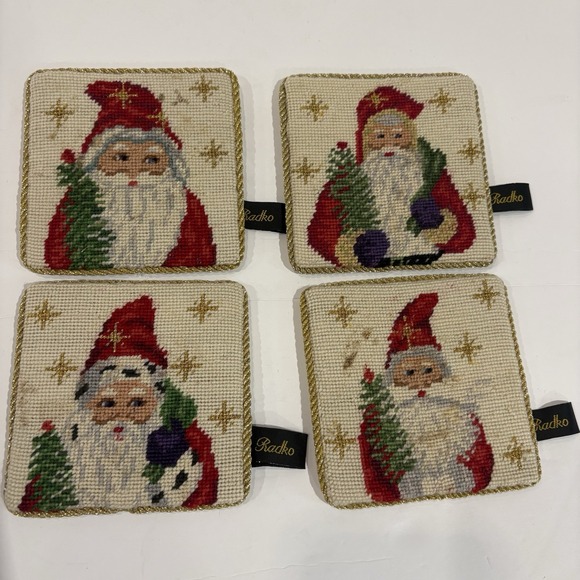 Radko Other - VTG Set of 4 Radko 4" Santa Needlepoint Wool Christmas Coasters Velvet Back